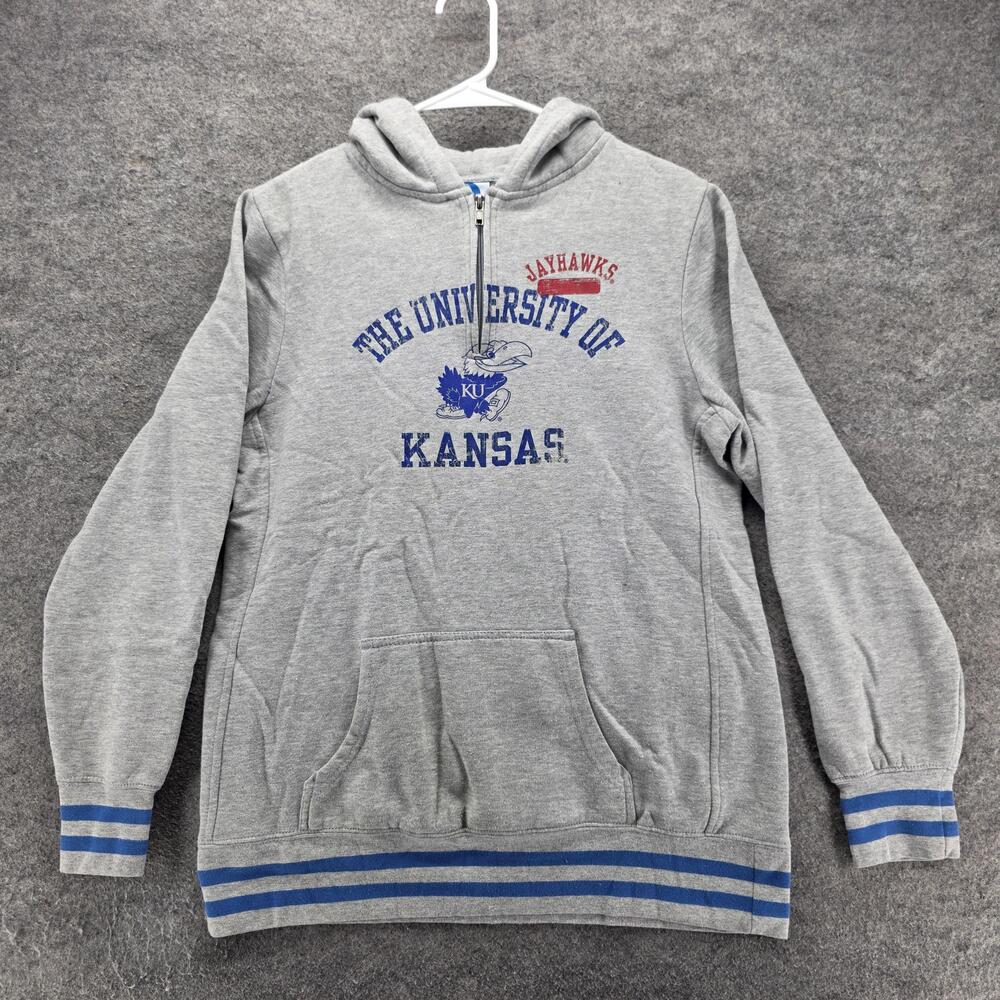 Kansas Jayhawks Sweatshirt Mens L Gray NCAA Basketball Quarter Zip Hoodie